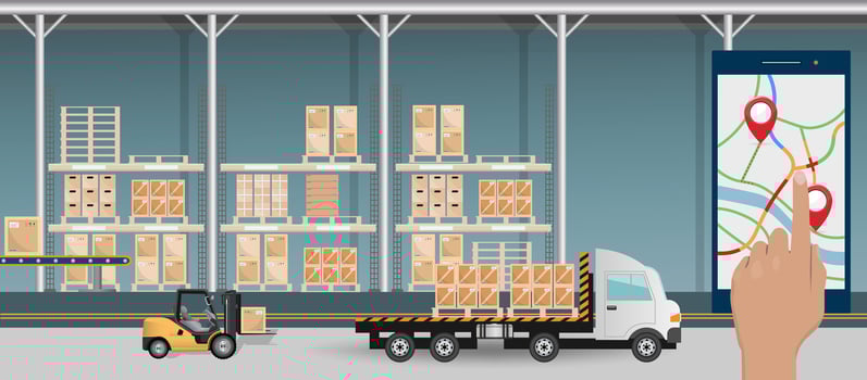 Warehouse logistics with forklift and truck vector
