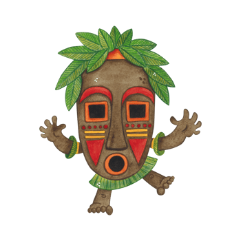 African aborigine with arms outstretched to the sides in a long colorful mask with green leaves. Watercolor illustration hand drawn, cartoon. Drawing for poster, stickers, print. Africa, mask, funny png