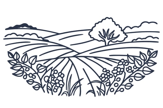 Rural farmland landscape line art with tree, fields, hills, and crops countryside agriculture eco illustration vector