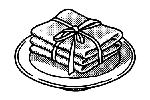 Folded cloth napkins tied with ribbon on a ceramic plate elegant table setting, classic black and white illustration vector