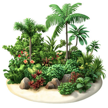 Lush tropical island diorama with palm trees and exotic plants isolated on transparent background png