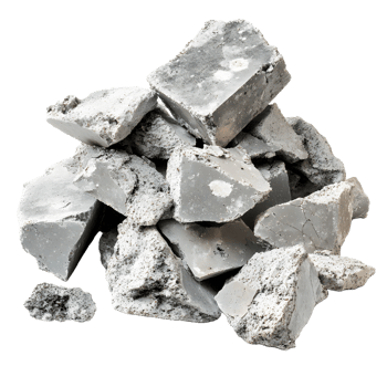 Pile of rough grey concrete chunks and broken pieces isolated on transparent background png