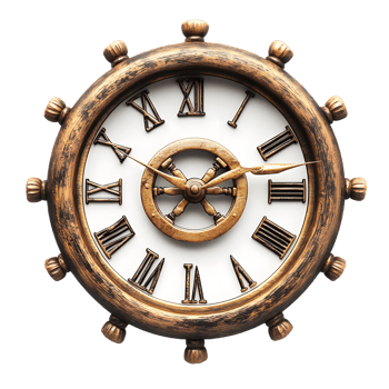 Antique nautical ship steering wheel clock with roman numerals isolated on transparent background png