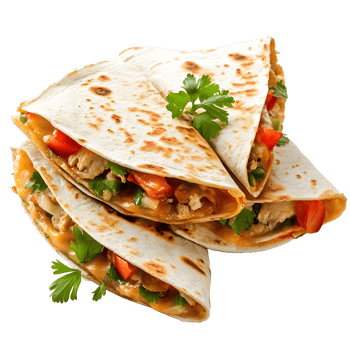 Delicious chicken quesadilla with fresh vegetables and herbs isolated on transparent background png