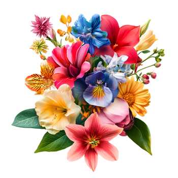 Vibrant mixed bouquet of colorful spring flowers isolated on transparent background png