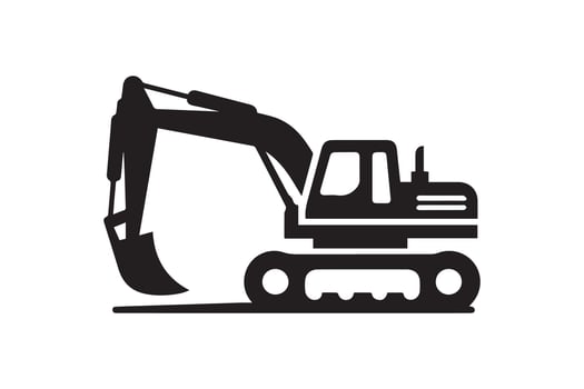 An excavator is shown in black and white vector