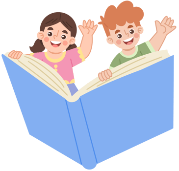 Illustration of Children Waving from Inside a Book png