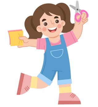 Illustration of a Cheerful Girl Cutting Paper with Scissors png