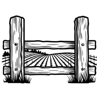 Rustic wooden fence with countryside field view, hand drawn sketch vintage rural landscape, farmland scene illustration vector