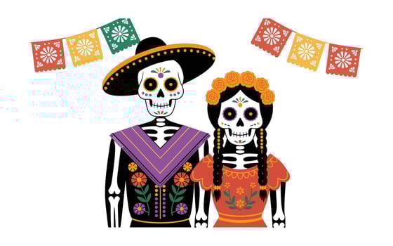 Day of the Dead Couple Illustration Calavera Couple with Papel Picado Banner, Mexican Holiday Graphic Art vector