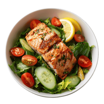 Grilled salmon salad with cucumbers tomatoes and lemon png