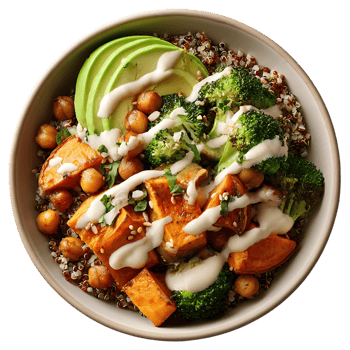 Delicious healthy bowl quinoa sweet potato chickpeas broccoli avocado and dressing png