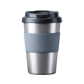 Stainless steel travel mug with gray band lid and dark gray top png