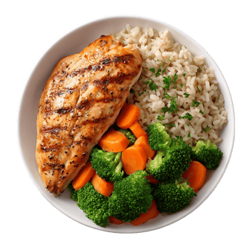 Grilled chicken breast brown rice broccoli carrots healthy meal png