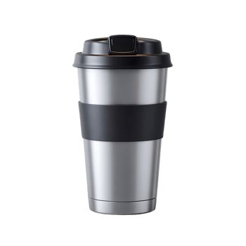 Silver travel mug with black lid and band ready for your hot beverage png