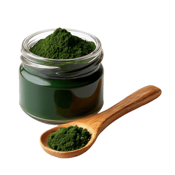 Green algae powder in a jar and wooden spoon healthy superfood supplement png
