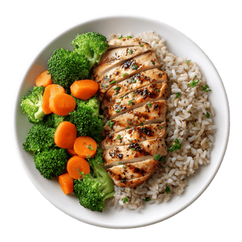 Grilled chicken breast rice broccoli and carrots healthy meal png