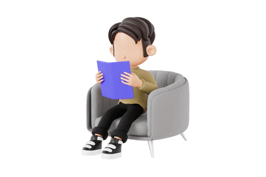 3d cartoon boy reading a book in an armchair png
