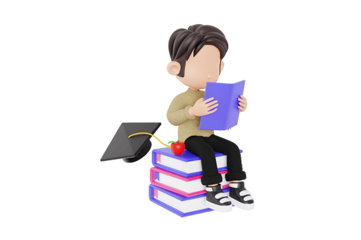3d student character reading on a stack of books png