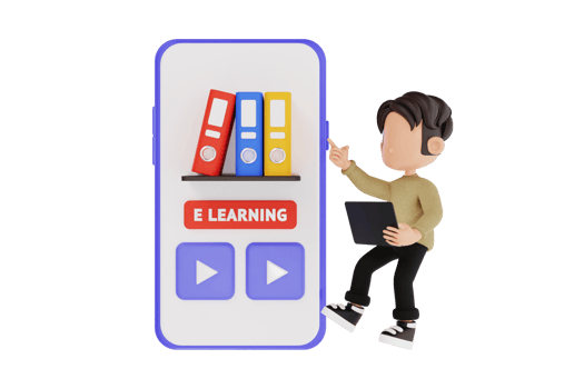 3d character using e-learning app on smartphone png