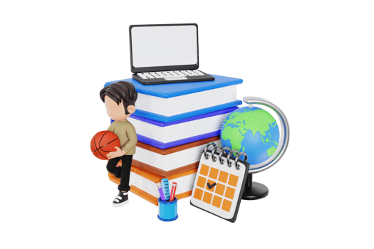 3d student with basketball and school supplies png