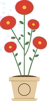 Red flower plant with green leaves in beige pot illustration with simple design and bright colors vector