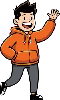 Young happy boy waving hand wearing orange hoodie and gray pants casual cartoon character illustration vector