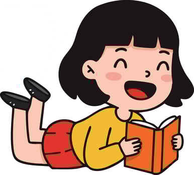 Girl lying on stomach reading happy expression casual clothing illustration vector