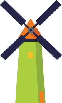 Traditional windmill with green tower and orange roof flat illustration for sustainable energy concept vector