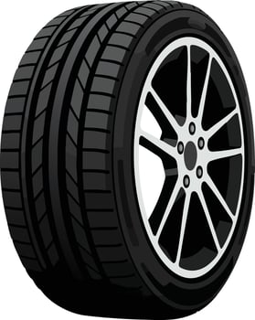Car tire with black and silver alloy wheel illustration showing detailed tread and rim design vector