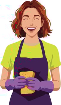 Woman Wearing Purple Gloves and Apron Holding a Yellow Sponge Cleaning Illustration vector