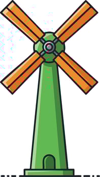Windmill with green tower and orange blades simple flat design isolated on white background illustration vector