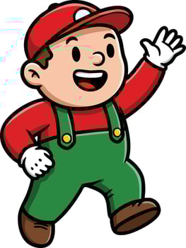 Cartoon character in red cap green overalls waving happily with brown shoes illustration vector