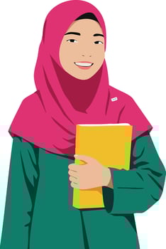 Young woman wearing pink hijab holding yellow book smiling confidently illustration vector