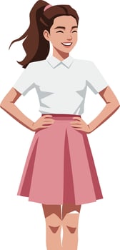 Young woman standing with hands on hips wearing white shirt and pink skirt casual outfit illustration vector