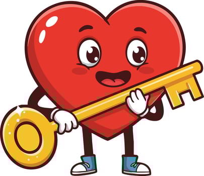 Heart holding golden key cheerful character illustration in red blue and yellow design vector