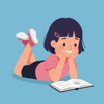 Little girl lying on floor reading book smiling in casual pink and black outfit illustration vector