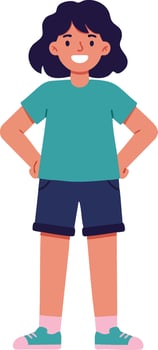 Happy young girl standing with hands on hips wearing teal shirt and navy shorts illustration vector