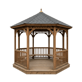 Wooden garden gazebo with shingle roof and benches a classic outdoor relaxation structure png