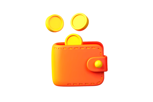 Orange leather wallet with gold coins spilling out, 3d cartoon money savings concept isolated png