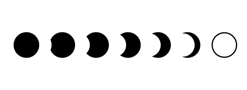 Full moon eclipse concept. Set of moon phases or stages. Total sun eclipse and lunar cycle. Black and white element collection for poster, banner, collage, brochure, cover, tattoo. vector