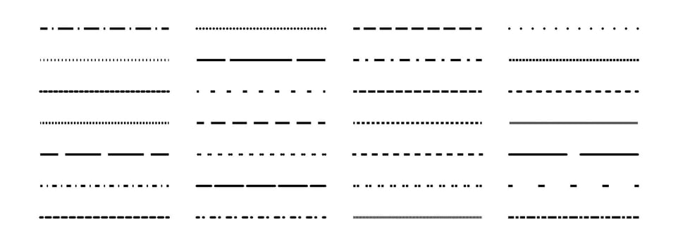 Dashed thin lines set. Black straight dotted stripe collection. Separate and divide element bundle for flyer, poster, brochure, banner, booklet, leaflet vector