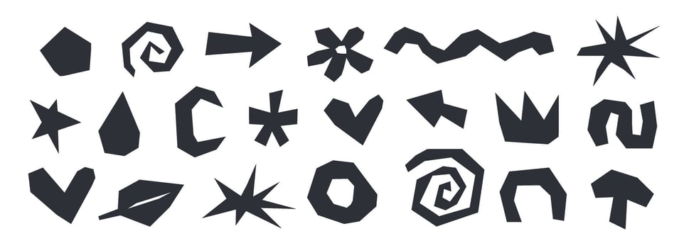 Paper cut out form set. Black abstract collage shape collection. Geometric paper element collection. Nursery decoration bundle for poster, banner, print. Children doodle illustration pack. vector