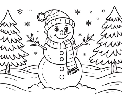 Cheerful snowman with striped scarf and hat in snowy landscape winter christmas vector