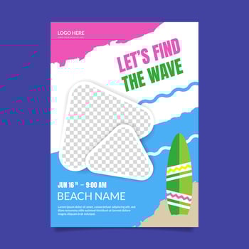 a poster for a beach party with a surfboard vector