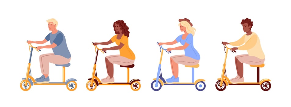 People riding colorful scooters together vector