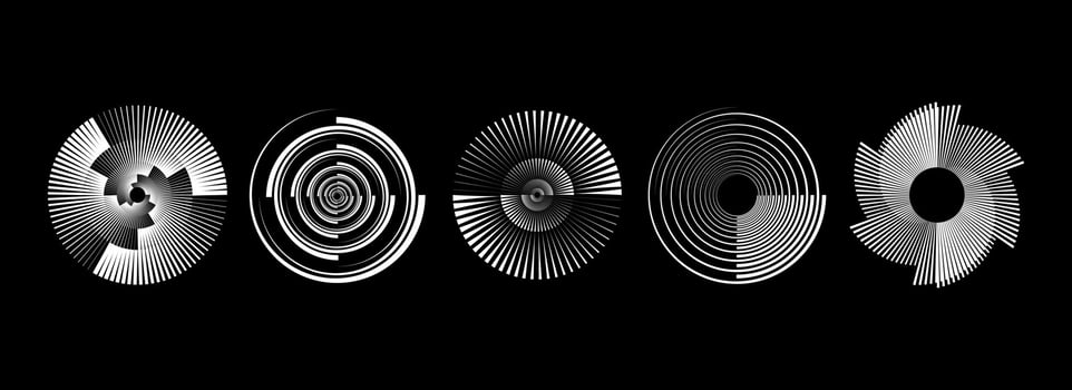 Radial abstract spiral pattern set. Circular rotating sound wave concepts. Circle speed line form collection. Sunburst ray and beam design element for icon, badge, logo, tag, label, emblem. vector
