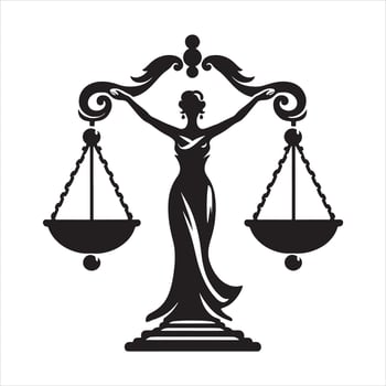 Black silhouette of woman holding scales of justice on white background vector