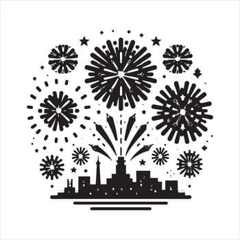 Black and white graphic of fireworks exploding over a city skyline celebration night vector