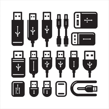 Collection of black U S B flash drives and cables on white background USB drive USB cable vector